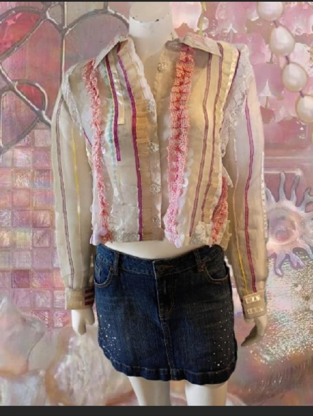 Vtg 80s 90s Sandy Starkman women L 100% silk multicolor Art To Wear blouse
